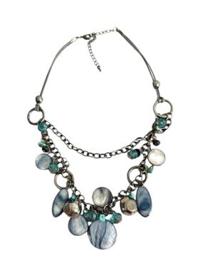 Chunky Mixed Media Necklace Blue Green Brown Multi Beads Shells Crystals & More